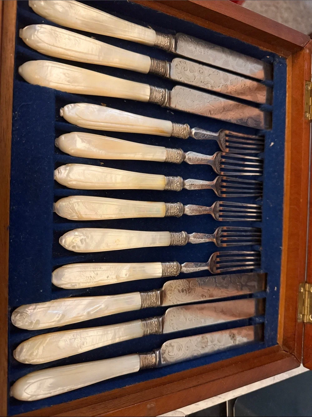 Antique Mother of Pearl 12pc Fruit Knife Fork Set Sterling Tested Ferrules